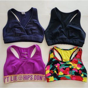 Lot of 4 Zumba Fitness Sports Bras Hips Don't Lie Let's Jam V-Neck Sz SM - FLAWS